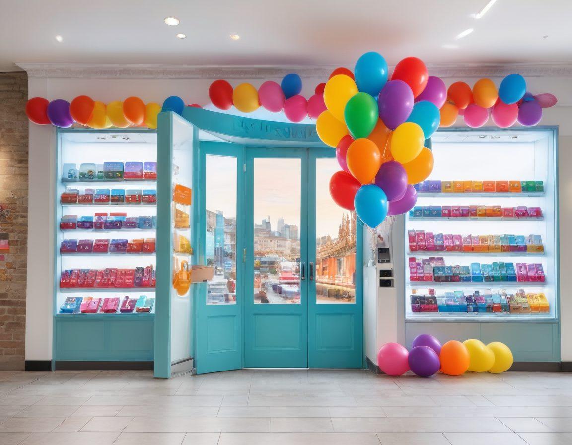 A bright and inviting phone shop interior, showcasing diverse smartphones on display with colorful unlock signs. A happy customer, smiling as they receive their unlocked phone from a friendly staff member. Incorporate elements of joy like balloons and a 'Unlock Happiness' banner. The background features a vibrant cityscape visible through the shop window. super-realistic. vibrant colors. white background.