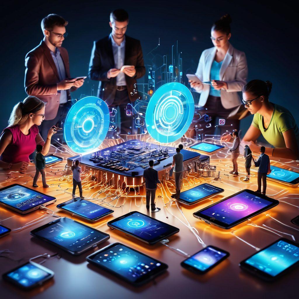 A dynamic scene showcasing various mobile devices like smartphones and tablets unlocking, with glowing keys and vibrant energy emanating from them. Include a diverse group of people in the background, looking inspired and motivated, exploring their devices. The setting should be modern and tech-savvy, with digital elements like circuits and gears in soft focus. super-realistic. vibrant colors. 3D.